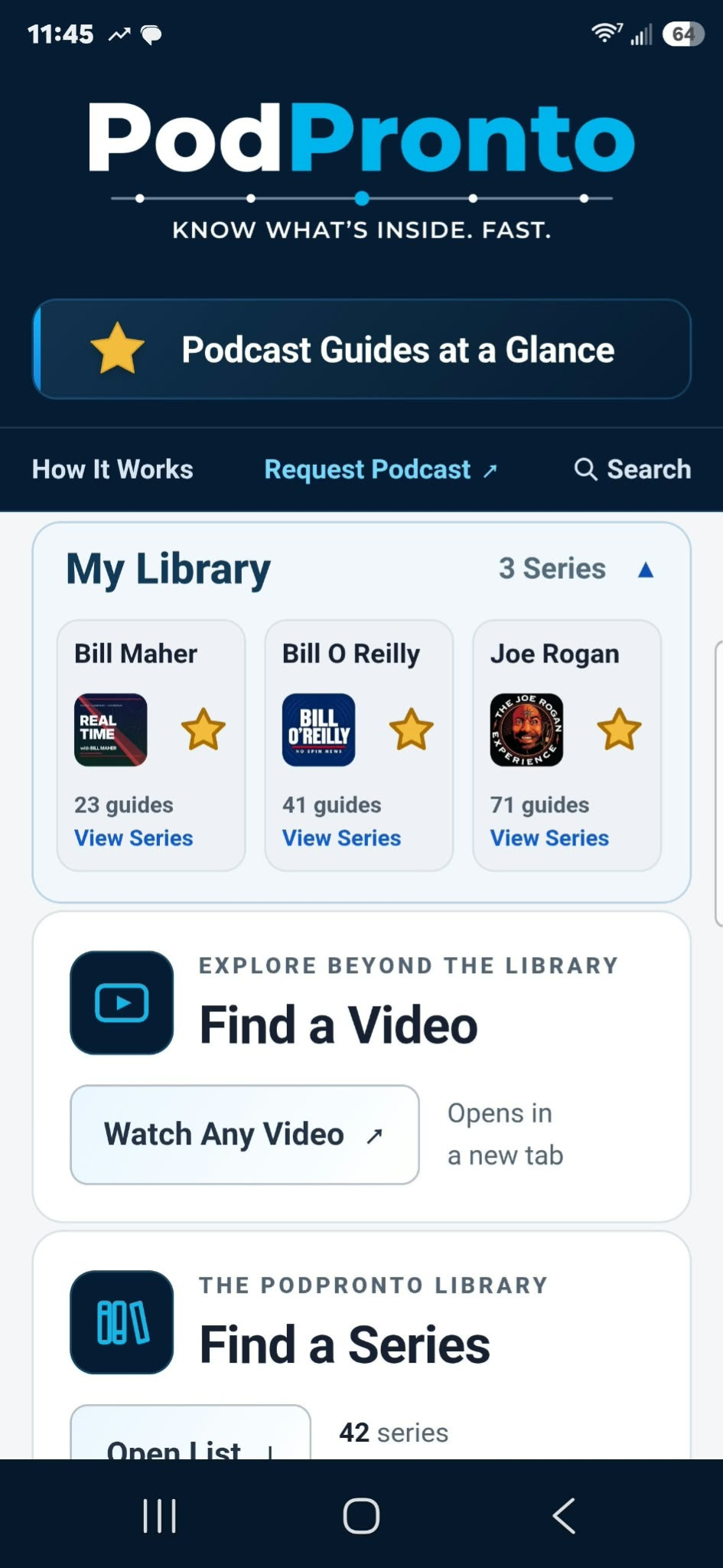 PodPronto on a phone, showing My Library and Find a Video.