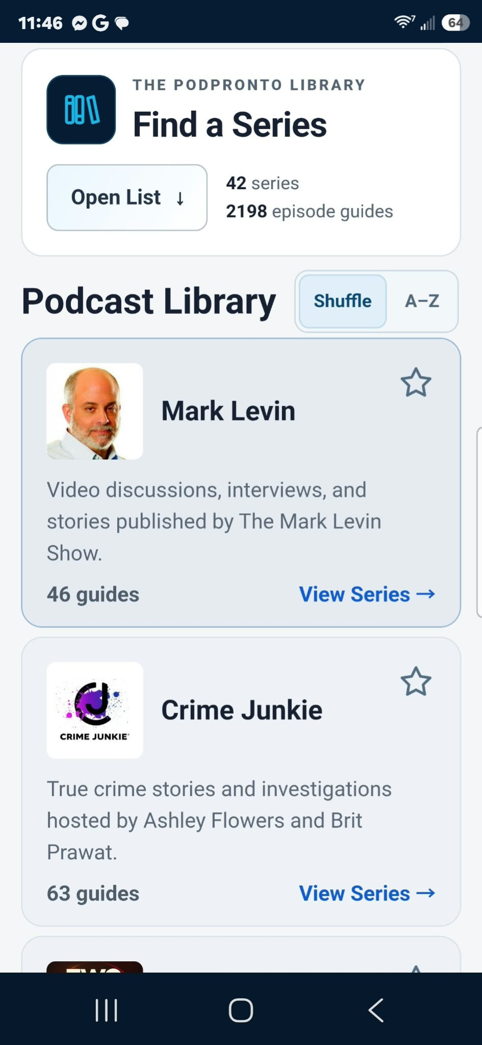 The mobile podcast library, with series artwork, favorite stars, and View Series links.